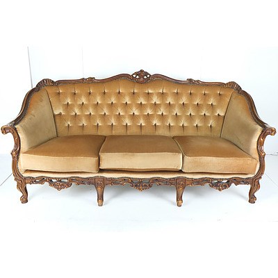 Louis Style Three Seater Lounge with Buttoned Fabric Upholstery