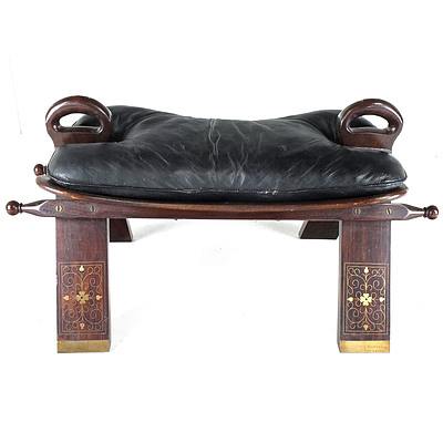 Eastern Brass Inlaid Padouk and Leather Upholstered Camel Stool