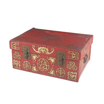 Vintage Chinese Lacquered Heavy Parchment Trunk with Brass Latches and Relief Decoration of Bat and Butterflies