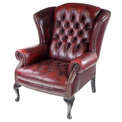 Burgundy Leather Wingback Chesterfield Armchair with Diamond Back Buttoning