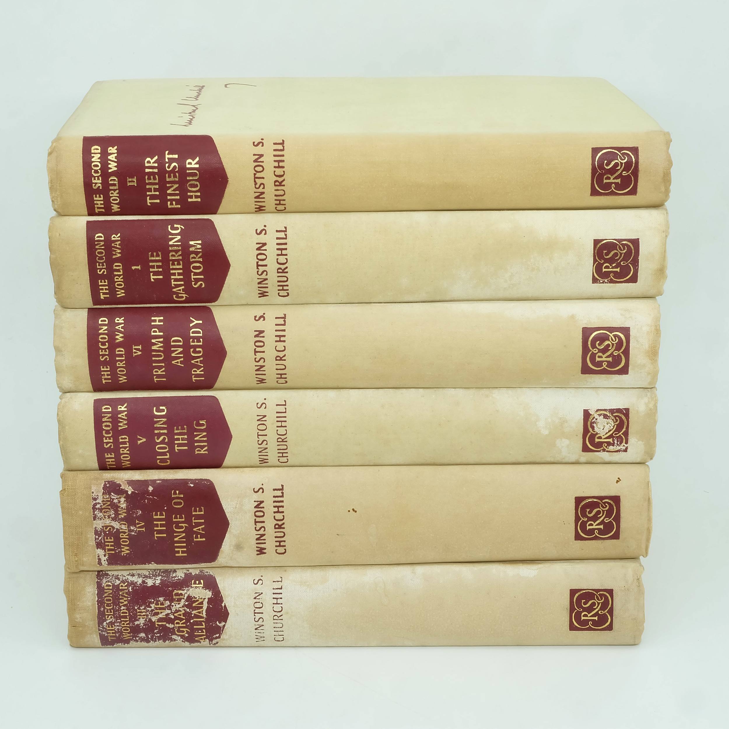 'Six Volumes of Winston Churchill The Second World War, The Gathering Storm, Their Finest Hour, The Grand Alliance, The Hinge of Fate, Closing the Ring and Triumph and Tragedy The Reprint Society London 1956'