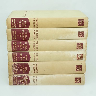 Six Volumes of Winston Churchill The Second World War, The Gathering Storm, Their Finest Hour, The Grand Alliance, The Hinge of Fate, Closing the Ring and Triumph and Tragedy The Reprint Society London 1956