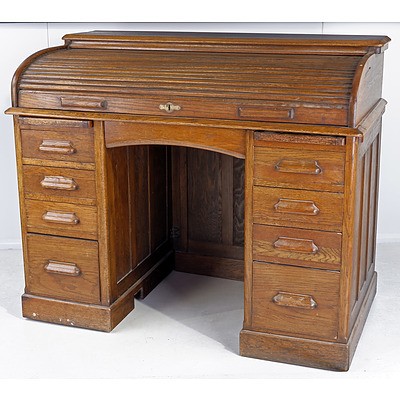 WITHDRAWN Oak Double Pedestal Roll Top Desk Early 20th Century