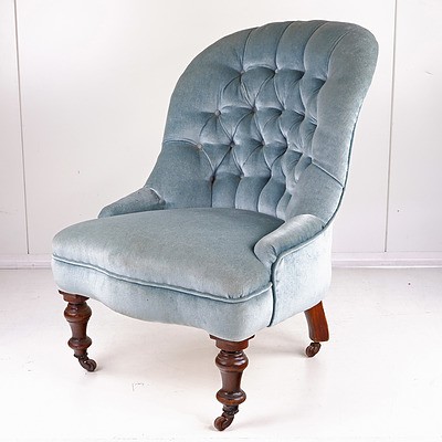 Late Victorian Mahogany and Blue Buttoned Satin Slipper Chair Circa 1880