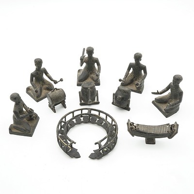 Set of 5 Cambodian Bronze Musicians and Instruments Models