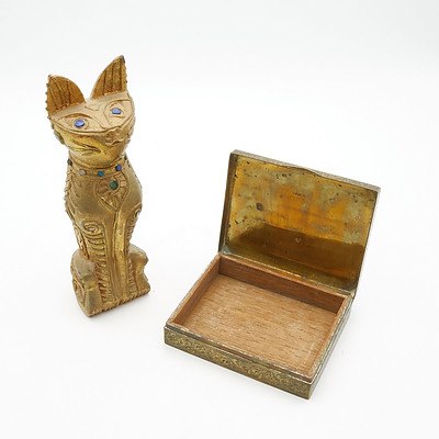 Pakistani Brass Cigarette Box Bought in 1950s and Lao Gilt Cat Circa 1966