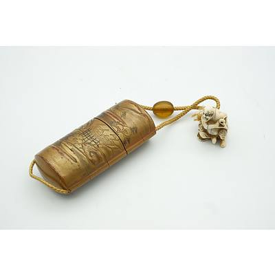 Old Japanese Inro (Medicine Case) with Netsuke Figure and Ojime (Bead Slide) Between Silk Cord 19th Century
