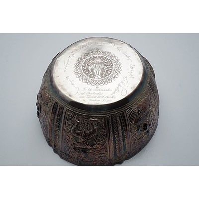 Lao Silver Repousse Rose Bowl with Six Facades of Alternating Warrior Figures Surrounded by Scrollwork