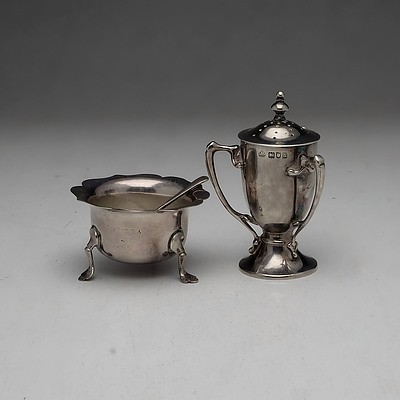 Edwardian Sterling Silver Trophy Form Pepper Pot John Round & Son Ltd London 1903, and a Sterling Silver Open Salt Birmingham 