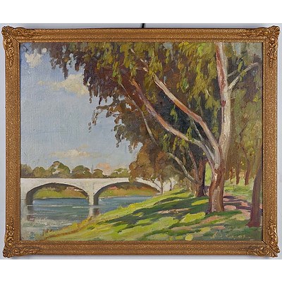 William MacGuffie (Dates Unknown) The White Bridge - The Anderson St Bridge Over the Yarra, Oil on Canvas Board