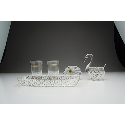 Collection of Cut Crystal and Moulded Glass Including Plates, Cups, Figures, and more