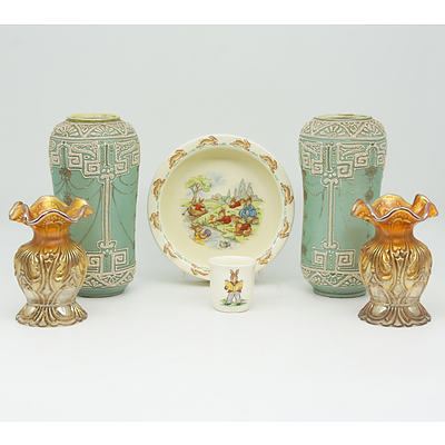 Two Pieces of Royal Doulton Bunnykins, A Pair of Carnival Style Vases and A Pair of Decorative Vases