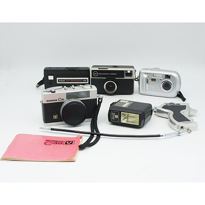 Three Instant Kodak Cameras, and Konica C35 Camera with National PE-170 Flash and Grip