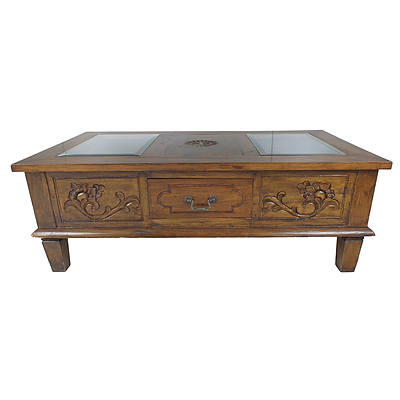 Balinese Solid Wood Coffee Table with Glass Top Display Compartments