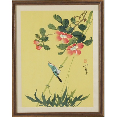 Asian Camellia, Bamboo and Bird Paintings, Ink and Colour on Silk