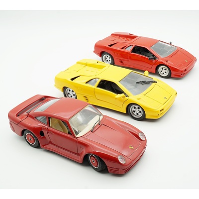 Three 1/24 Models Welly Lamborghini Diablo, Burago Porsche 959 and Maisto Lamborghini Diablo