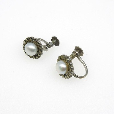 Sterling Silver Screw on Earrings with Marquite and Fresh Water Pearls