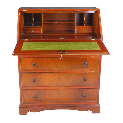 Georgian Style Flame Mahogany Bureau with Green Tooled Leather Writing Surface Mid 20th Century
