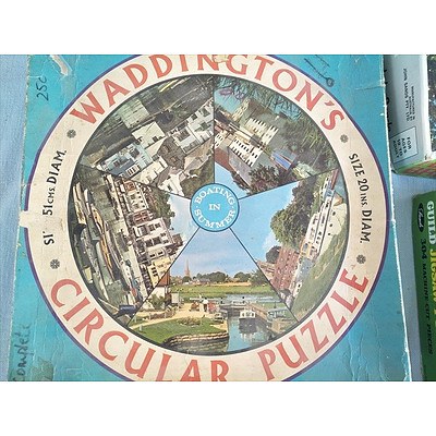 Vintage Waddington's Circular jigsaw puzzle and two other old fashioned jigsaws