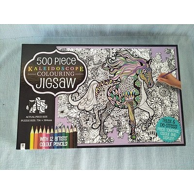 500 piece Kaleidoscope colouring jigsaw puzzle 736x584 with 12 artists colouring pencils (NEW, unopened)