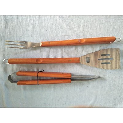 3 piece timber and stainless steel BBQ tool set