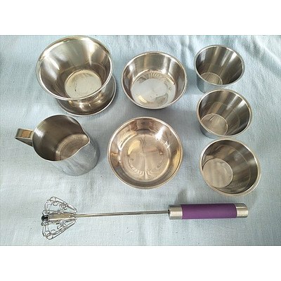 Assorted stainless steel kitchenware including Vintage Danish gravy & sauce bowl