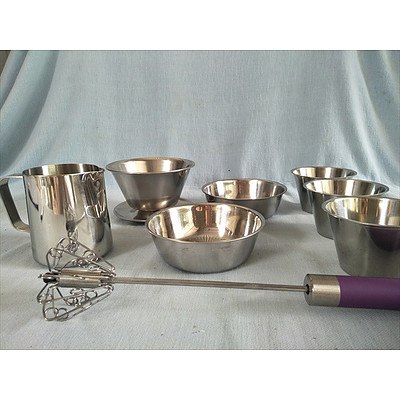 Assorted stainless steel kitchenware including Vintage Danish gravy & sauce bowl