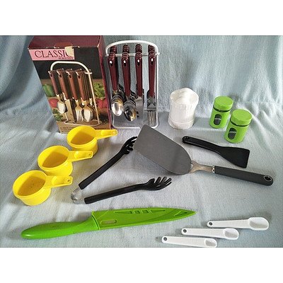 Assorted cutlery and utensils including 24 piece cutlery set on stand