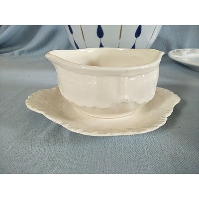 3 piece glazed ceramic set (jug, bowl and saucer, sugar bowl)
