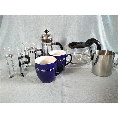 Coffee time! Pyrex, Sunbeam and Bodum coffee pots, mugs etc