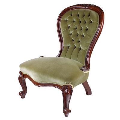 Victorian Style Mahogany Salon Chair with Green Buttoned Velvet Upholstery Late 20th Century
