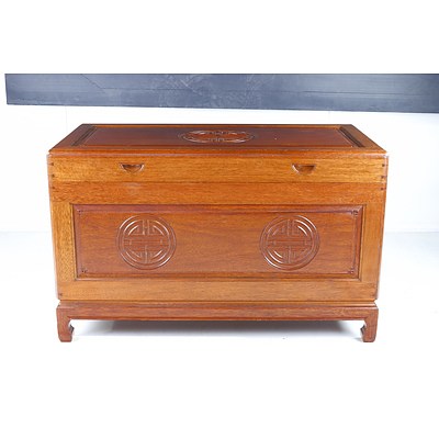 Vintage Chinese Camphorwood Chest with Relief Carved Shou Longevity Characters