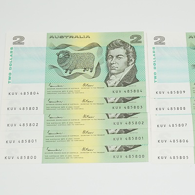 Ten Consecutive Serial Number Johnston/Fraser Two Dollar Notes KUV 485800-KUV 485809