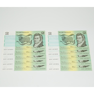 Ten Consecutive Serial Number Johnston/Fraser Two Dollar Notes KUV 485800-KUV 485809