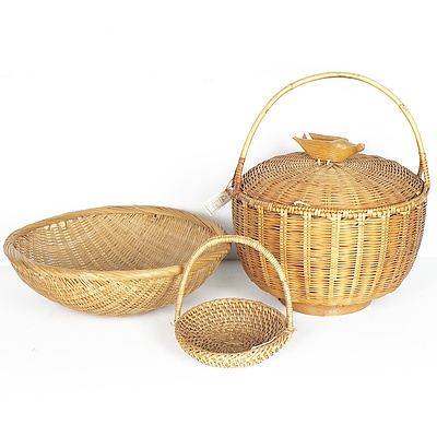 Three Wicker Baskets Including a Hapao Handled Tray