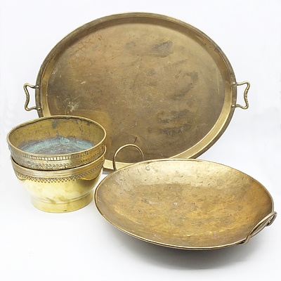 Group of Indian Engraved Brass Bowls and a Tray