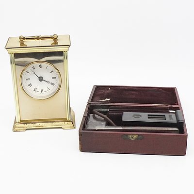 Modern English Quartz Brass Carrage Clock and Antique Hellige Thermometer