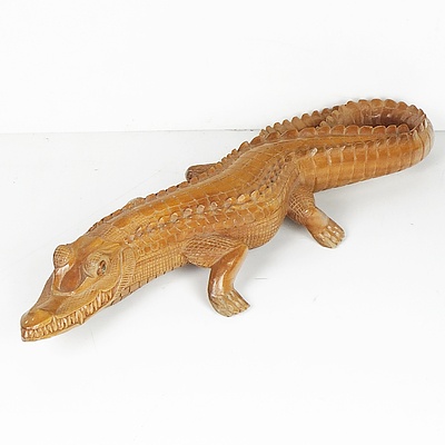 Papua New Guinea Carved Crocodile and a Tapa Cloth