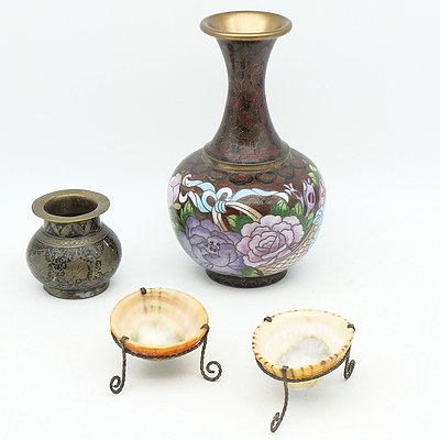 Chinese Cloisonne Enamel Vase, A Pair of Metal Mounted Shell Open Salted and Small Indian Benares Brass Vessel