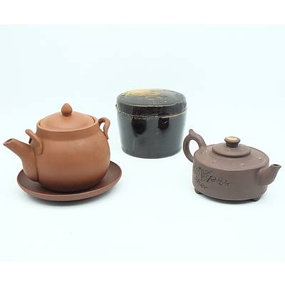 Two Yixing Redware Teapots and Iron Glazed Jar
