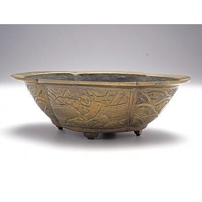 Chinese Cast and Engraved Brass Lobed Planter, Late 19th Century