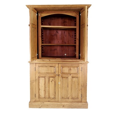 Large American Pine Armoire With Carved Cornice and Scroll Form Corbels