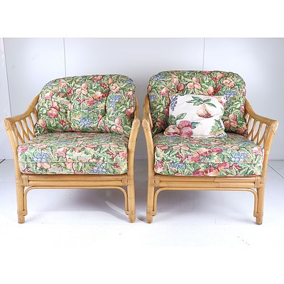 Vintage Cane Three Piece Lounge Suite with Floral Fabric Upholstery