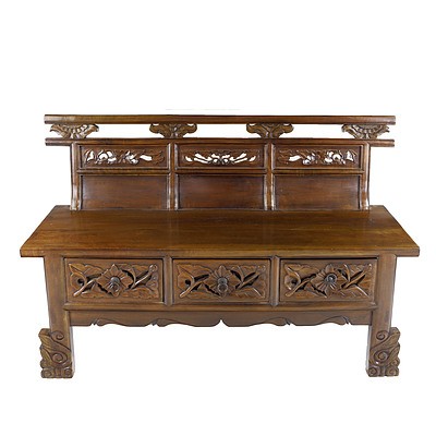 Solid Indonesian Carved and Pierced Bench With Three Draws Beneath