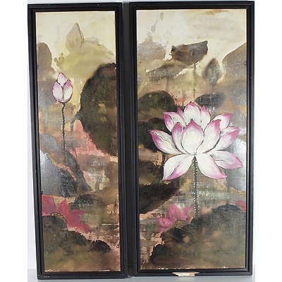 Asian School Lotus Triptych, Oil on Board