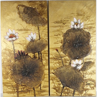Asian Diptych Lotus Oil on Canvas