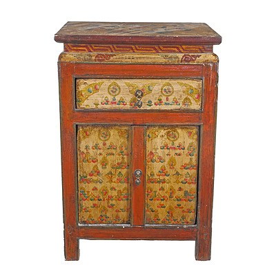 Chinese Polychrome Lacquered and Painted Pine Small Cabinet with Flowers, Late 20th Century