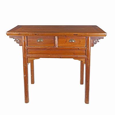 Chinese Pine Two Drawer Altar Table, Late 20th Century