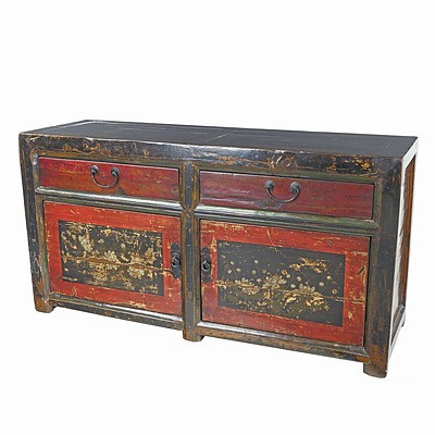 Chinese Polychrome Lacquered and Painted Pine Long Low Cabinet, Late 20th Century