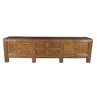 Impressive Chinese Pine and Elm Long Low Cabinet, Late 20th Century